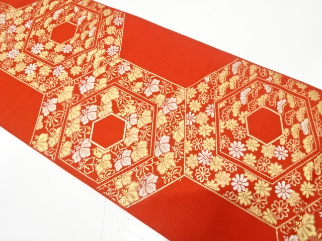 アンティーク　亀甲に桐・菊・笠松模様織り出し袋帯（着用可）